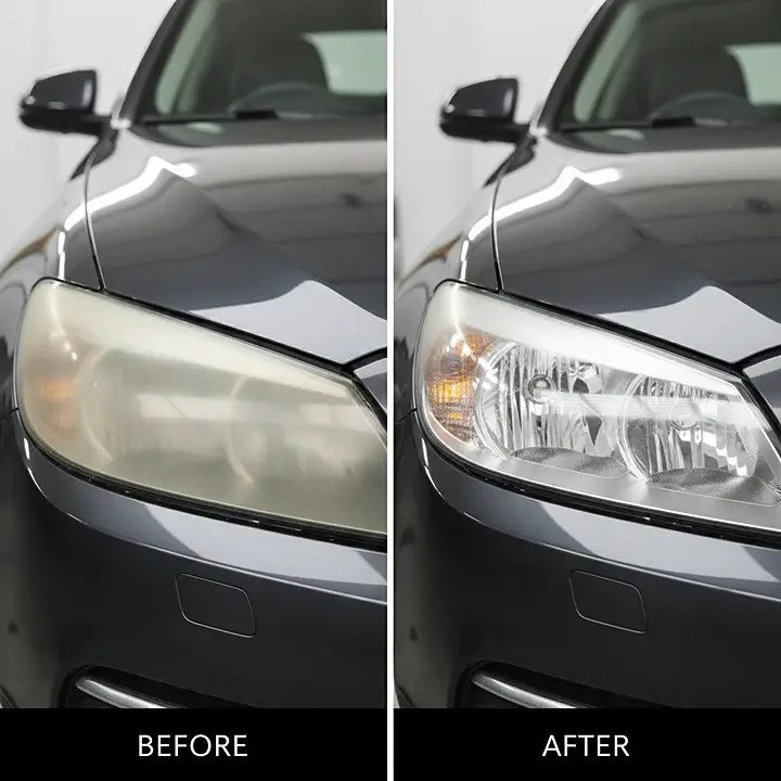 Headlight before and after restoration — hazy yellow lens on the left, crystal clear on the right